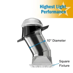 Solatube skylight kit with clear dome, reflective tube, and square ceiling fixture. badge