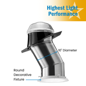 Solatube skylight kit with clear dome, angled silver tube, and white ceiling fixture.