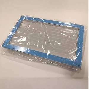 Exterior louver with blue frame and horizontal slats, packaged in clear plastic.