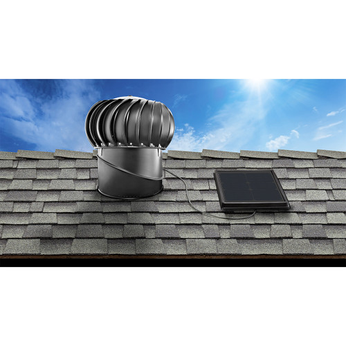 Solatube Solar-Powered Attic Fan with interior-mounted solar panel on a shingled roof. Solatube Solar-Powered Attic Fan with interior-mounted solar panel on a shingled roof.