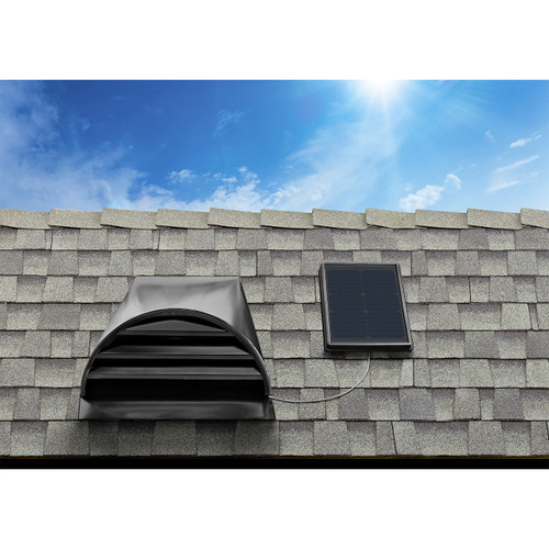 Solatube Solar-Powered Attic Fan (Interior Mount) with solar panel and vent on shingled roof. Solatube Solar-Powered Attic Fan (Interior Mount) with solar panel and vent on shingled roof.