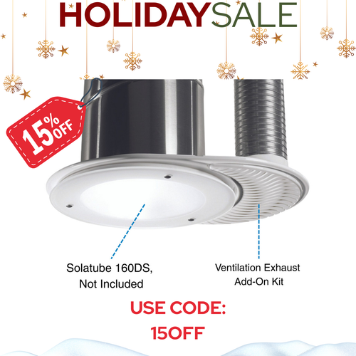 Holiday Sale Solatube Ventilation Add-On Kit featuring a diffuser and ventilation hose attachment.