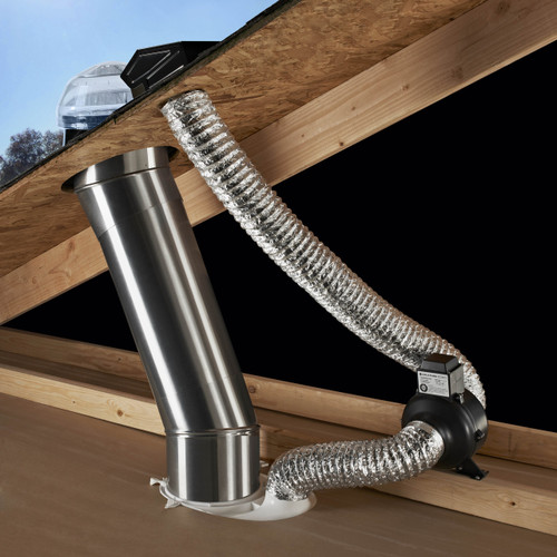 Solatube Ventilation Add-On Kit installed in an attic, showing the tube, vent, and flexible ductwork.

