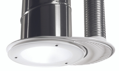 Close-up of a Solatube Skylight with Ventilation Add-On Kit showing the light fixture, reflective tube, and ventilation duct.
