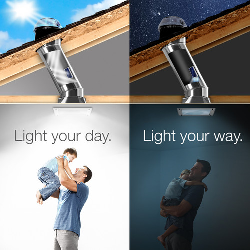 Solatube skylight showing daylight and nightlight features, with a family enjoying both.
