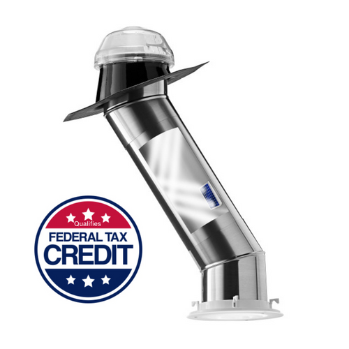 Solatube Skylight Kit with integrated night light, featuring a clear dome, silver reflective tube, and a federal tax credit badge.
