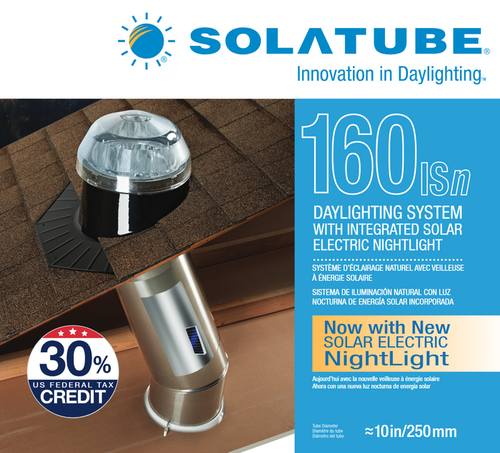 Solatube skylight dome on a roof and tubing below, advertising a solar electric nightlight and tax credit.
