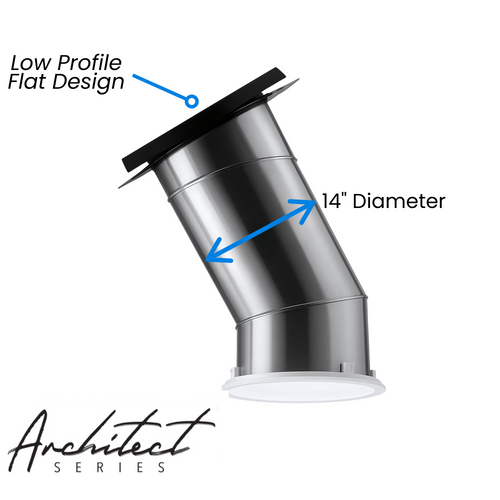 Solatube Low Profile Skylight Kit with 14-inch diameter tube, showing roof flashing, reflective tubing, and ceiling diffuser.