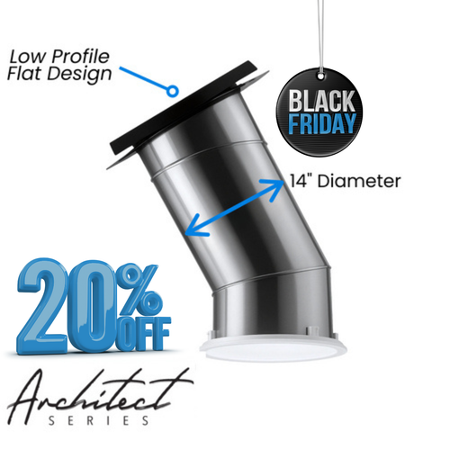 Black Friday Solatube Low Profile Skylight Kit with 14-inch diameter tube, showing roof flashing, reflective tubing, and ceiling diffuser.