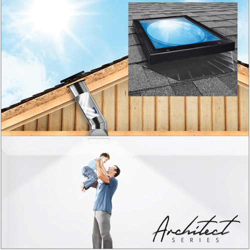 Solatube low profile skylight kit installed on roof, light tube extending into interior, illuminating a father and child. Solatube low profile skylight kit installed on roof, light tube extending into interior, illuminating a father and child.