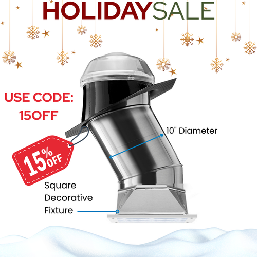 Holiday Sale Solatube skylight kit with clear dome, reflective tube, and square ceiling fixture.