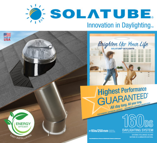 Solatube skylight dome on roof with reflective tubing, and square ceiling fixture, promoting energy efficiency and easy installation.