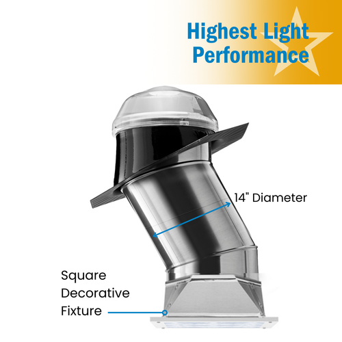 Solatube 14-inch skylight kit with square ceiling fixture, showing tubular design and clear dome. badge