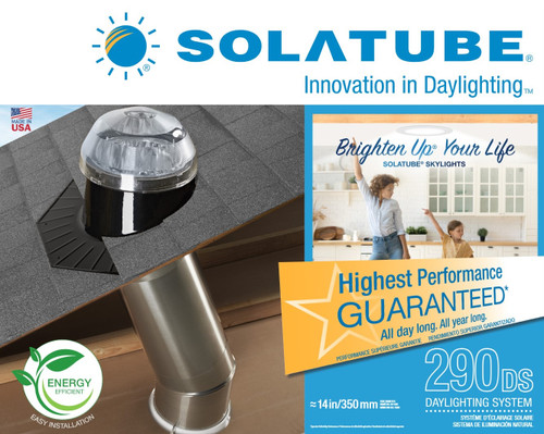 Solatube Skylight Kit 290DS Square: Dome on roof, reflective tube, and ceiling fixture. Solatube Skylight Kit 290DS Square: Dome on roof, reflective tube, and ceiling fixture.