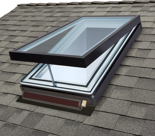 Solatube Solar-Powered Fresh Breeze Skylight on shingled roof, partially open.
