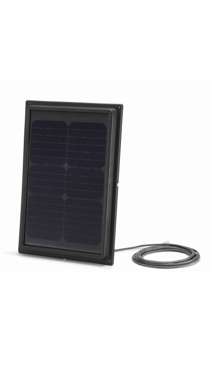 Black framed solar panel with visible grid pattern and attached cord.