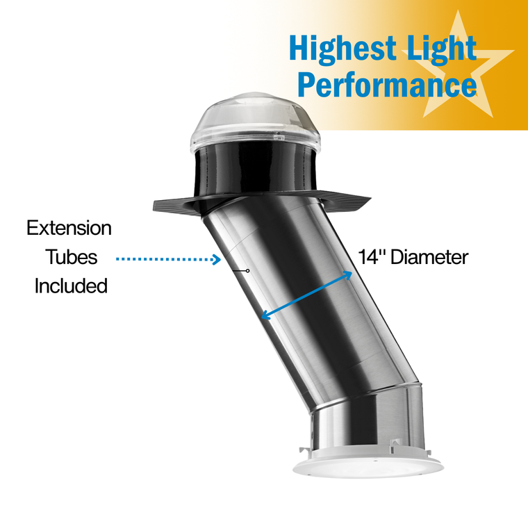 Solatube Skylight Kit with clear dome, metal tube, and diffuser. badge