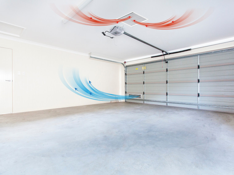 Exterior intake vents supplying replacement air to a garage