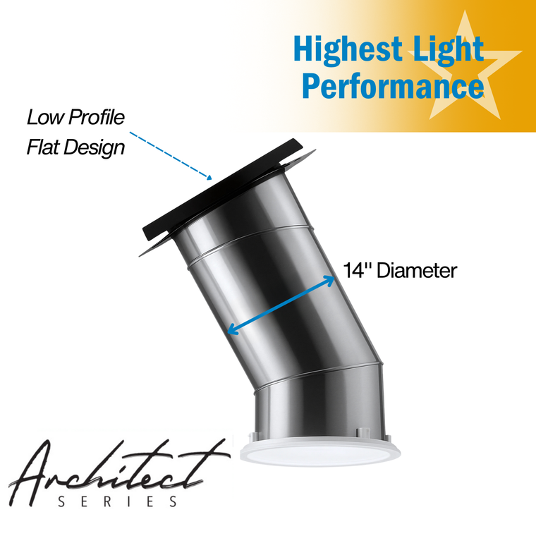 Solatube Low Profile Skylight Kit with 14-inch diameter tube, showing roof flashing, reflective tubing, and ceiling diffuser. badge
