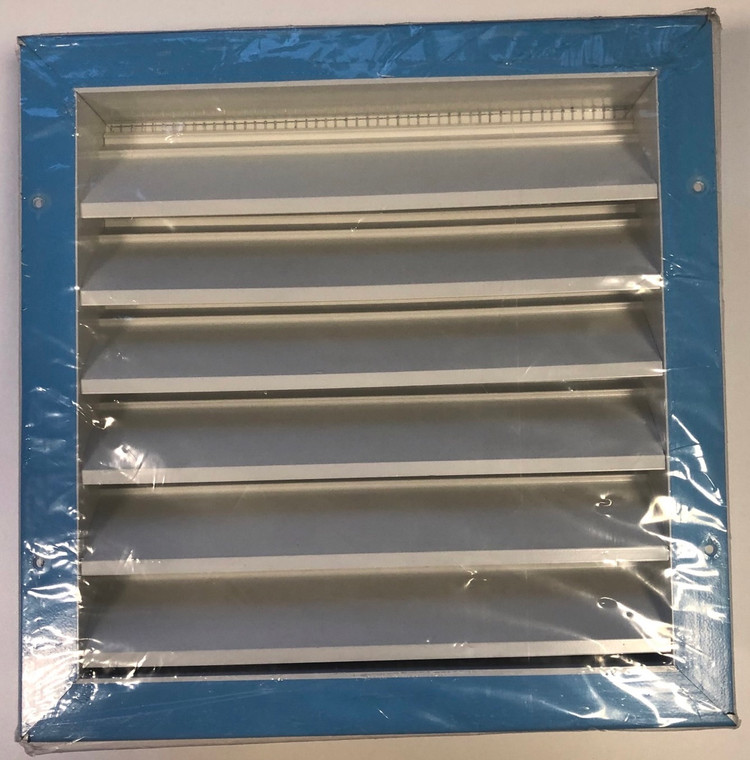 Solatube Louvers for garage ventilation; blue-framed vent with horizontal silver slats.
