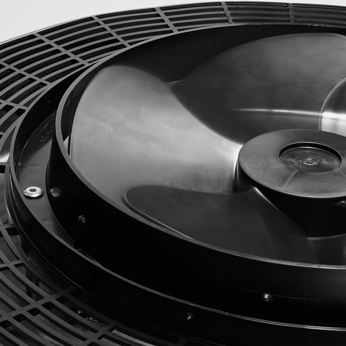 Close-up of the Solatube solar attic fan polymeric blade and Venturi housing
