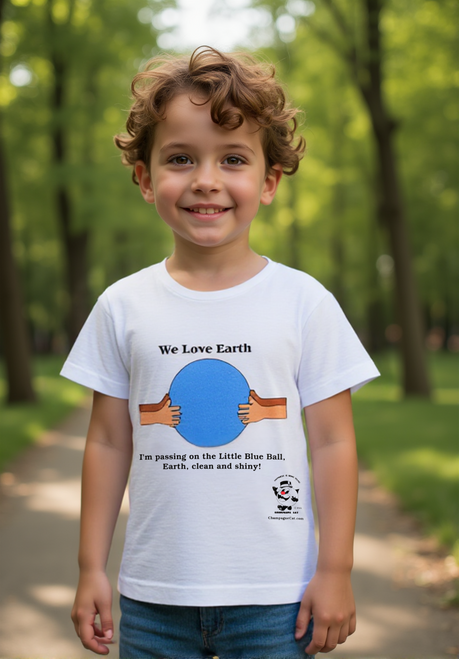 Children's White Short Sleeve T-Shirt With Champagne Cat® Pass On The Little Blue Ball Graphic