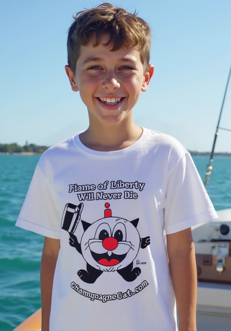 Children's White Short Sleeve T-Shirt With Champagne Cat® Flame of Liberty Will Never Die© Graphic