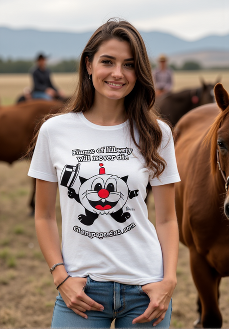 Adult White Short Sleeve T-Shirt With Champagne Cat® Flame of Liberty Will Never Die©  Graphic