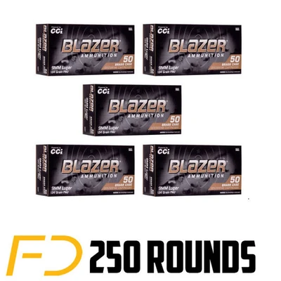 Blazer Ammunition 9MM, 124gr, FMJ - 250 Rounds (5 boxes of 50 rnds)