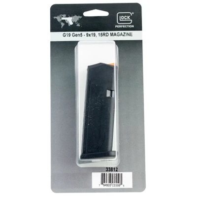 Glock, OEM Magazine, 9MM, 15 Rounds, Fits GLOCK 19, Cardboard Style Packaging, Orange Follower, Gen5 - Black [MPN:33812]