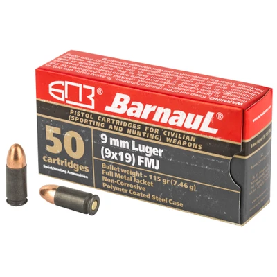 Barnaul 9MM, 115gr, FMJ - 50 Rounds [MPN: BRN9mmLugerFMJ115]