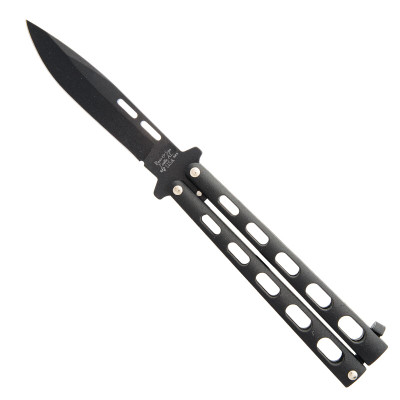 Bear & Sons 5" Butterfly Knife Clip Point Style Non-Serrated Blade 1095 Carbon Steel Black Finish