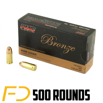 PMC Bronze 9MM, 115gr, FMJ - 500 Rounds - Free Shipping