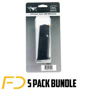 Glock OEM Gen 5 G19 magazine 9MM 15 rnd Black with Orange Follower - 5 pack