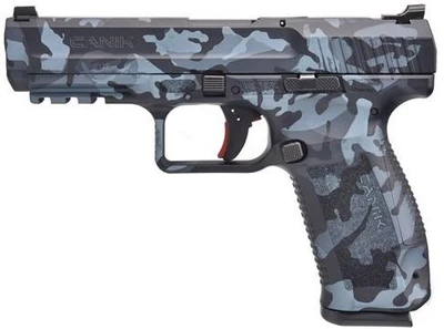 CANIK, TP9SF, 9MM, 4.46" BARREL, 18 ROUNDS, WOODLAND BLUE CAMO, FIXED SIGHTS, NICKEL TRIGGER COMPONENTS, STRIKER FIRE