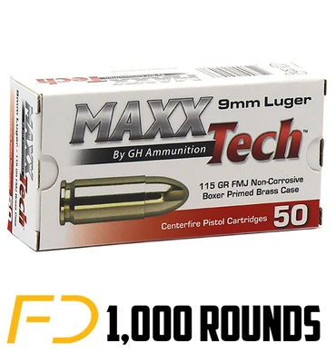 Maxxtech 9MM, 115gr, FMJ - 1000 Rounds (20 boxes of 50 rnds) [MPN: PTGB9MMB] - Free Shipping