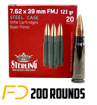 Sterling Steel Case Select 7.62X39MM, 123gr, FMJ - 200 rounds (10 boxes of 20 rnd)