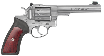 Ruger GP100 Standard 22 LR 550quot Satin Stainless Steel 10rd Integrated Black Rubber with Wood Insert Grip Adj Sights 1757