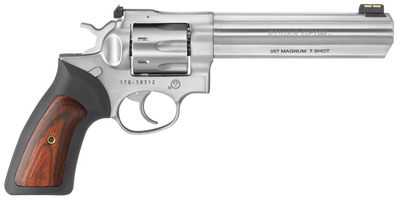 Ruger 1773 GP100 Standard 357 Mag 7rd 6quot Satin Stainless Steel Black Rubber with Wood Insert Grip