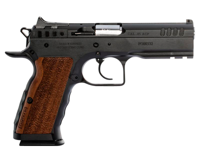 Tanfoglio IFG TFSTOCKI45 Defiant Stock I 45 ACP Caliber with 450quot Barrel 101 Capacity Overall Black Finish Steel Picatinny RailBeavertail Frame Serrated Slide amp Wood Grip