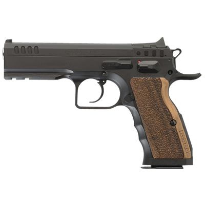 Tanfoglio IFG TFSTOCKI9SF Defiant Stock I 9mm Luger Caliber with 450quot Barrel 161 Capacity Overall Black Finish Steel Picatinny RailBeavertail Short Frame Serrated Slide amp Wood Grip