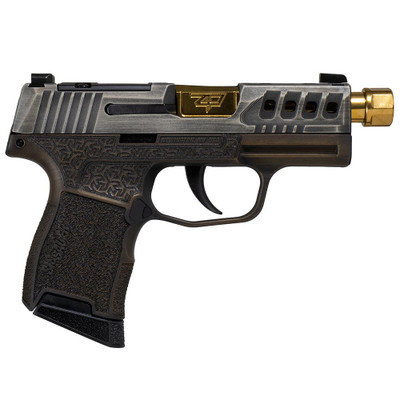 Sig Sauer P365 quotGold Bugquot Handgun 9mm luger 10rd Magazines2 37quot Threaded Gold Barrel Tactical Cut Distressed Grey SlideBrown Grip Octagon Stippling