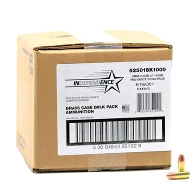 CCI Independence Brass 9MM, 115gr +P, FMJ [MPN: 52501BK1000] - 1000 rounds