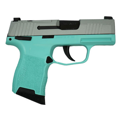 Sig Sauer quotSilver SlideRobins Egg Blue Framequot P365 Optic Ready Handgun 9mm Luger 10rd Magazines2 31quot Barrel X RAY 3 Sights Manual Safety