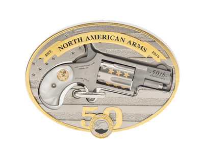 North American Arms MiniRevolver 22 LR 113quot barrel 5 shot  r 5 Shot 113quot Stainless Steel Barrel Frame amp Cylinder Rosewood Birdshead Grip  Custom Carry 50th Anniversary Belt Buckle MPN NAA22LRBBO50