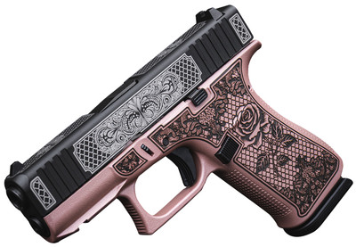 Glock 43xSlim 9mm 101 341quot Black GMB Barrel White Scroll Cerakote Serrated Steel Slide Rose Gold Lace MPN UX4350204FRGLRG