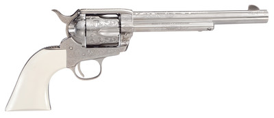 Taylors amp Company Outlaw Legacy Pietta 45 Long Colt 75quot Barrel 6 Rds Nickel Engraved White PVC Navy Grip Manual Safety