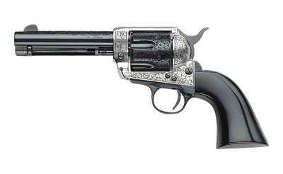 Pietta 1873 Great Western II Gamblers Royale 357 Magnum 475quot Barrel 6 Rds Ultra Black BBL and Cylinder Old Silver Engraved Steel Frame Blk Wood Grip MPN GW357GR434NMUB