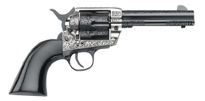 Pietta 1873 Great Western II, Gambler's Royale, ..45 Long Colt, 4.75" Barrel, 6 Rds, Ultra Black BBL and Cylinder, Old Silver Engraved Steel Frame, Blk Wood Grip [MPN: GW45GR434NMUB]