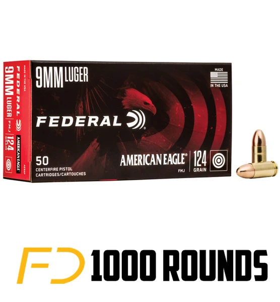 Federal American Eagle 9MM, 124gr, FMJ - 1000 rounds - Free Shipping